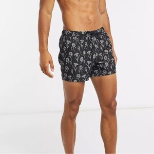 ASOS Mens Swim Trunks Black with hand drawn floral print Size M